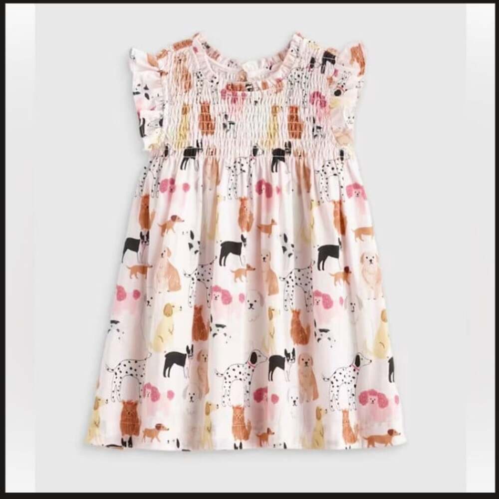 Quince Dress Girls 2T Pink Dog Print Smocked Ruffle Flutter Sleeve Summer